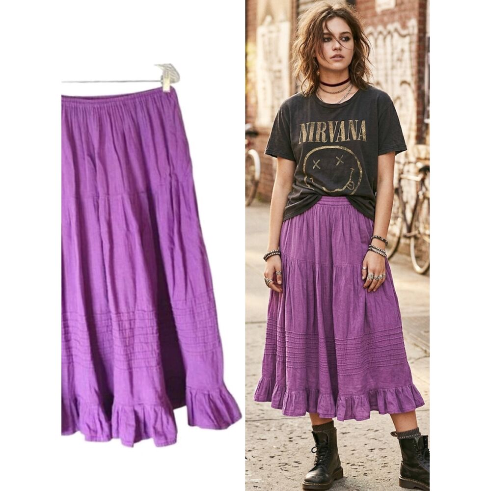 VTG Purple Tiered 100% Cotton Ethnic Pull On Midi Skirt Large Boho Grunge